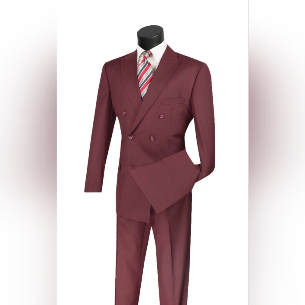 VINCI Men's Burgundy Double Breasted 6 Button Classic Fit Suit NEW
